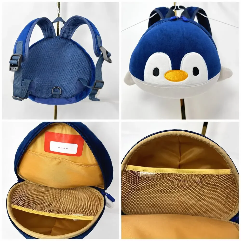 Child Plush Penguin Backpack Blue Gray Kids Zipper School Travel Bag